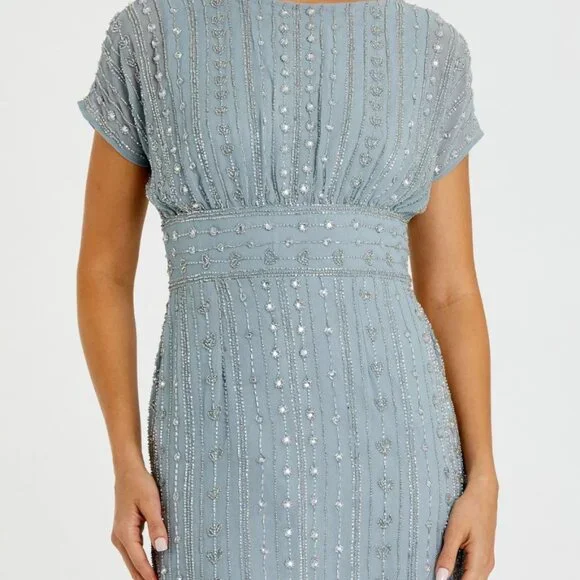 NWT $498 Size 2 Beaded Cap Sleeve Empire Waist Sheath Midi Dress - Picture 3 of 5